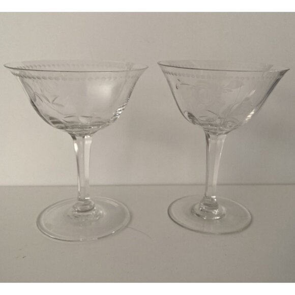 Vtg Champagne Coupe Glasses Set of 2+ Etched Pattern Faceted Stems Optic Panel - Picture 1 of 11